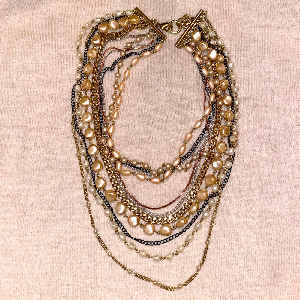 Necklace Featuring Pearly Strings And Goldtone/Gu… - image 1